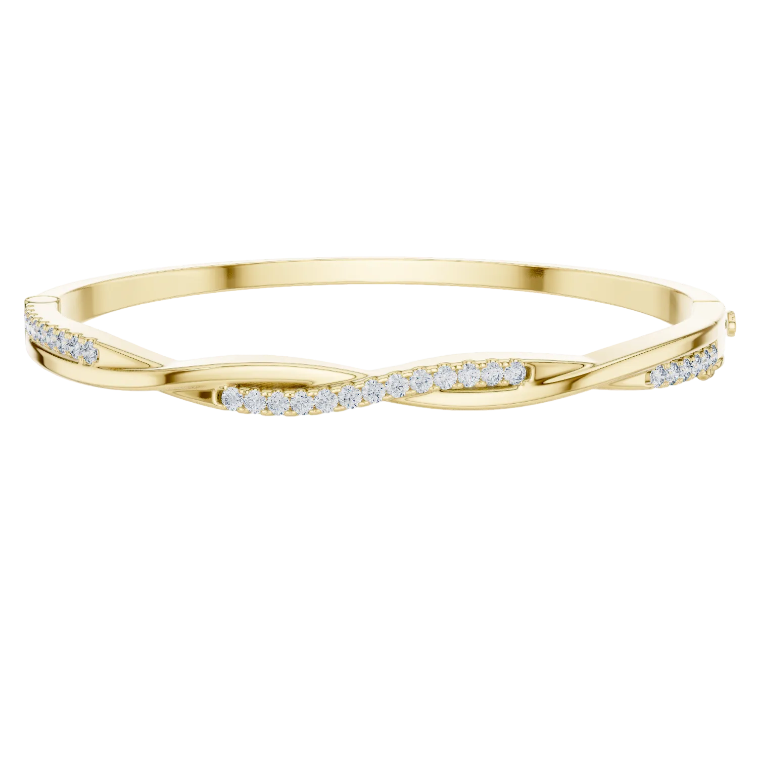 Twisted lab grown diamond bangle bracelet in yellow gold white gold and rose gold with modern crossover diamond design