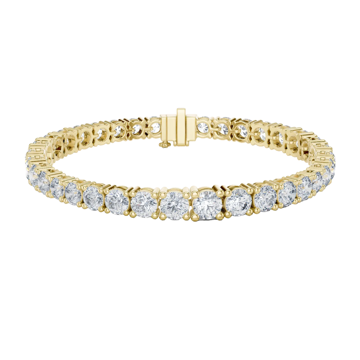 Graduated lab grown diamond tennis bracelet with varying size round diamonds in yellow white and rose gold