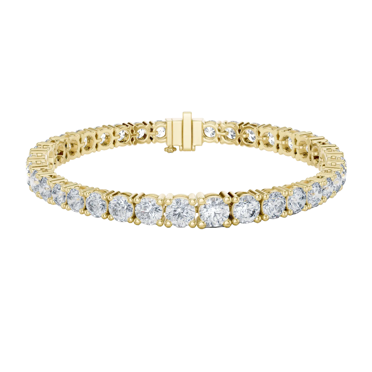 Graduated lab grown diamond tennis bracelet with varying size round diamonds in yellow white and rose gold