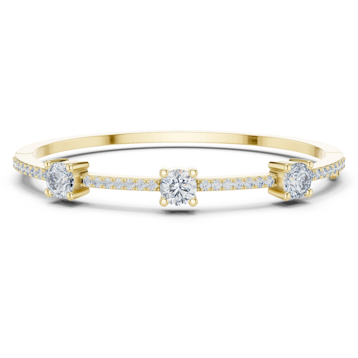 Elegant three stone round diamond bangle bracelet in gold with pavé accent diamonds by Signora Jewels