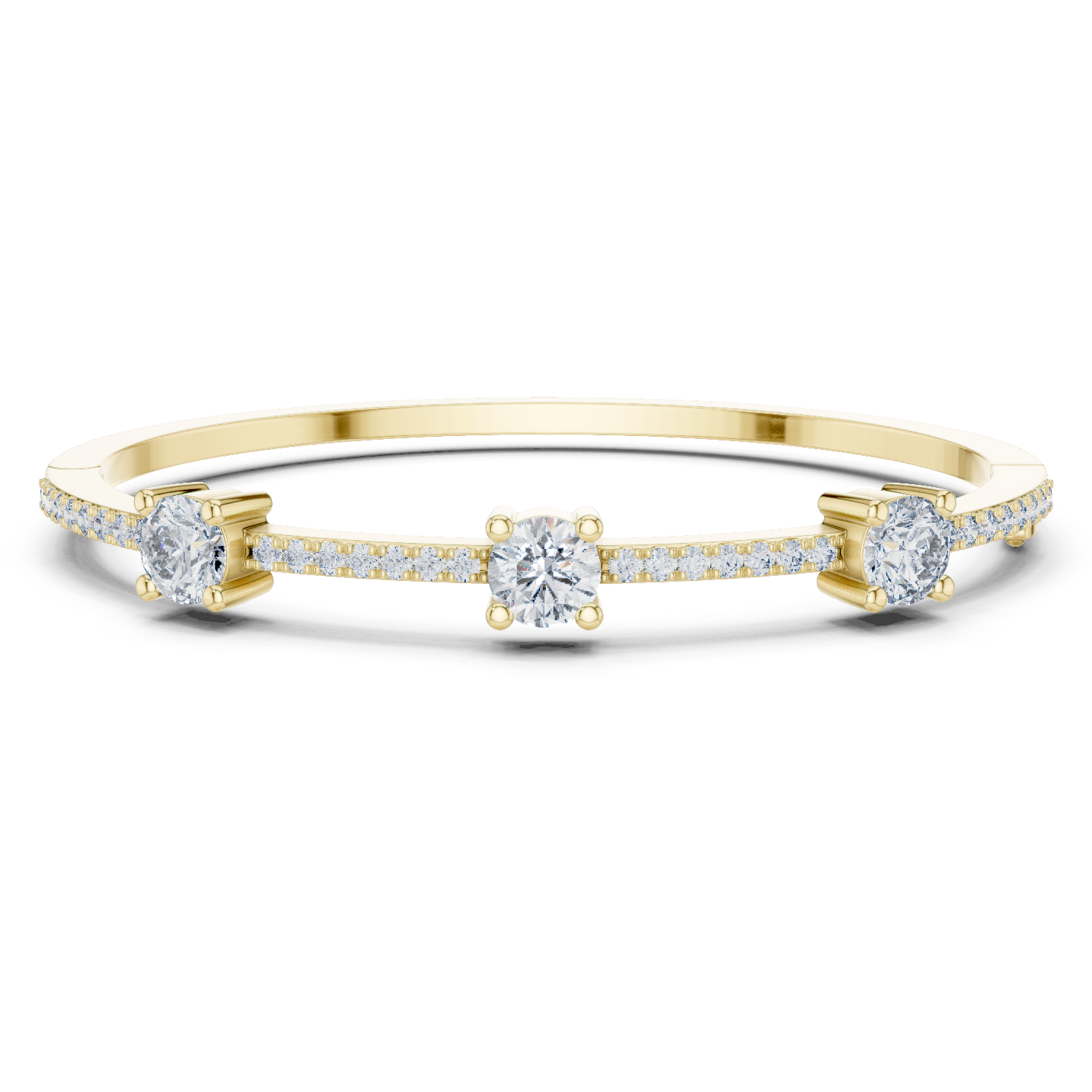 Elegant three stone round diamond bangle bracelet in gold with pavé accent diamonds by Signora Jewels