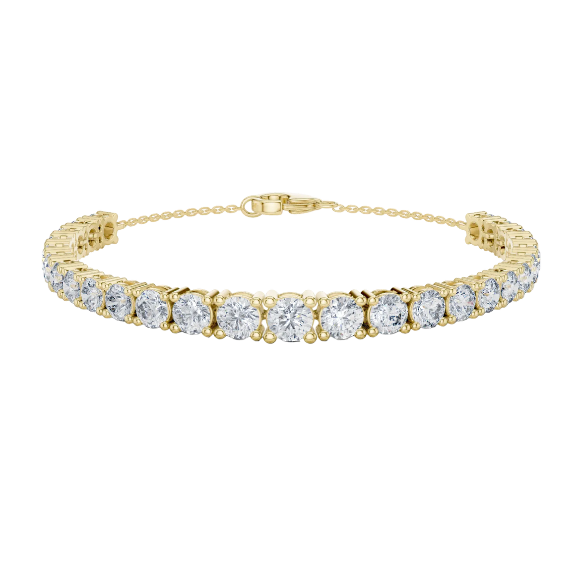 Graduated lab grown diamond tennis bracelet in yellow gold white gold and rose gold with round brilliant diamond design
