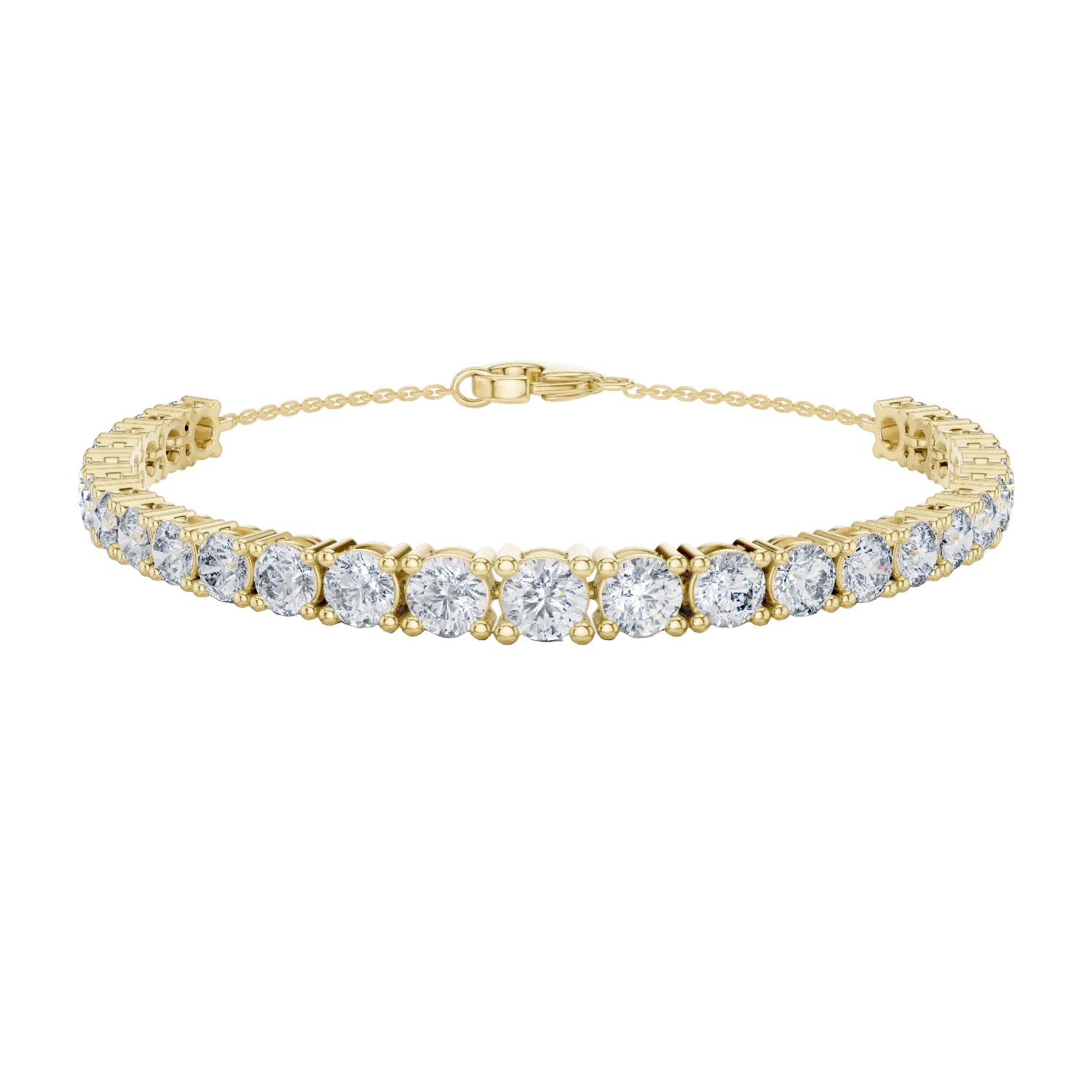 Graduated lab grown diamond tennis bracelet in yellow gold white gold and rose gold with round brilliant diamond design