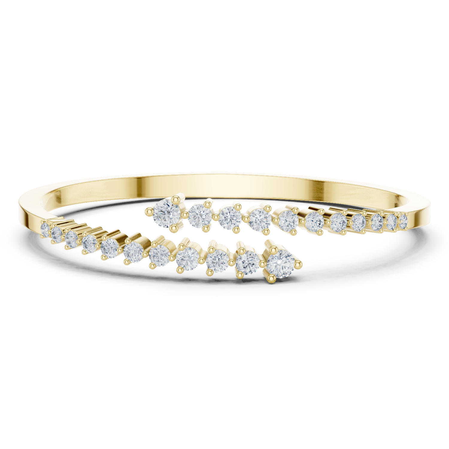 Graduated round lab grown diamond open cuff bracelet with flowing diamond design in yellow white and rose gold