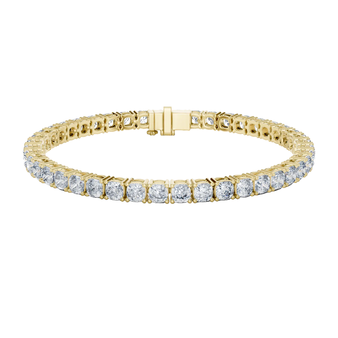 Cushion cut lab grown diamond tennis bracelet in yellow gold white gold and rose gold with luxury diamond setting