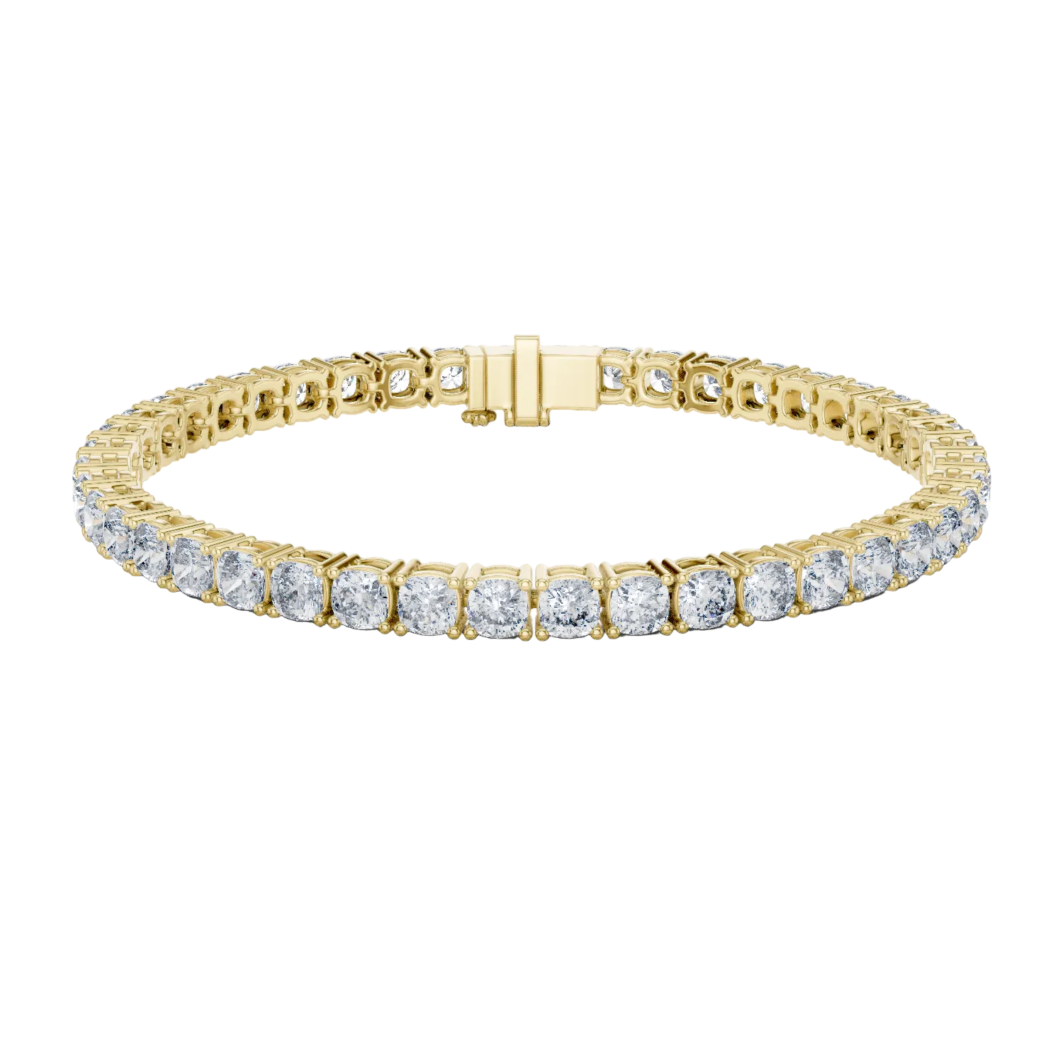 Cushion cut lab grown diamond tennis bracelet in yellow gold white gold and rose gold with luxury diamond setting