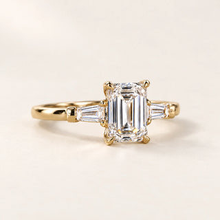 Emerald Cut Lab Grown Diamond Three-Stone Engagement Ring in Yellow Gold
