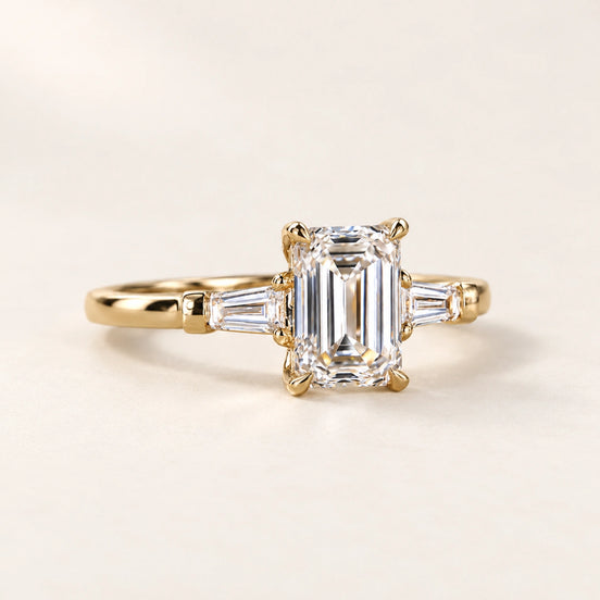 Emerald Cut Lab Grown Diamond Three-Stone Engagement Ring in Yellow Gold