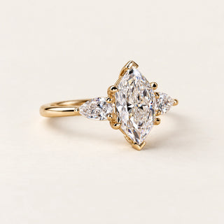 Dutch Marquise Lab Grown Diamond Three-Stone Ring with Pear Side Diamonds in Yellow Gold