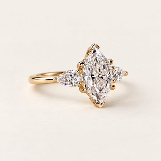 Dutch Marquise Lab Grown Diamond Three-Stone Ring with Pear Side Diamonds in Yellow Gold