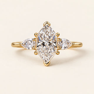 Dutch Marquise Lab Grown Diamond Three-Stone Ring with Pear Side Diamonds in Yellow Gold