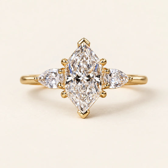 Dutch Marquise Lab Grown Diamond Three-Stone Ring with Pear Side Diamonds in Yellow Gold