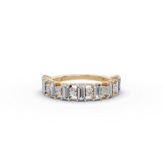 Baguette and Round Lab Grown Diamond Band in yellow gold, front view