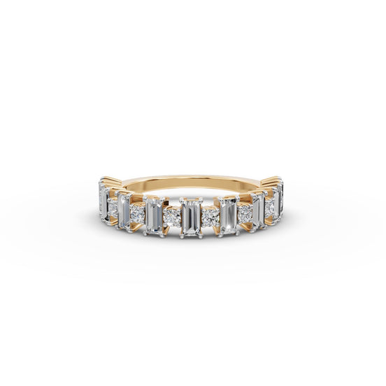 Baguette and Round Lab Grown Diamond Band in yellow gold, front view