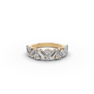 Baguette and Round Lab Grown Diamond Eleven Stone Band in yellow gold, front view