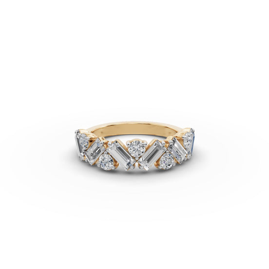Baguette and Round Lab Grown Diamond Eleven Stone Band in yellow gold, front view