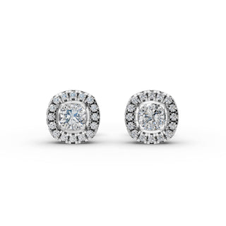 Cushion Lab Grown Diamond Halo Stud Earrings in silver, front view