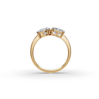 Emerald and Pear Lab Grown Diamond Toi et Moi Ring in yellow gold, view 2