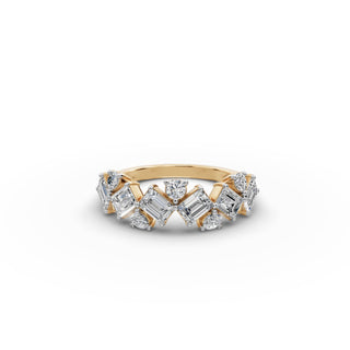 Emerald and Round Lab Grown Diamond Eleven Stone Band in yellow gold, front view