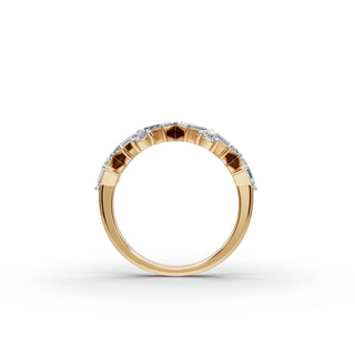 Emerald and Round Lab Grown Diamond Eleven Stone Band in yellow gold, view 2