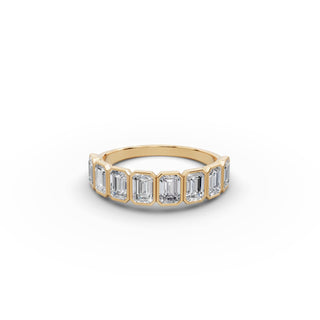 Emerald Lab Grown Diamond Bezel Eight Stone Band in yellow gold, front view