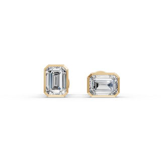 Emerald Lab Grown Diamond Bezel Stud Earrings in yellow gold, view 2