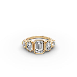 Emerald Lab Grown Diamond Five Stone Ring with Oval and Round Accents in yellow gold, front view