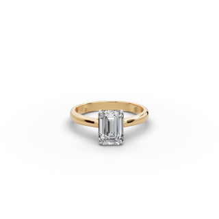 Emerald Lab Grown Diamond Four Prong Solitaire Ring in yellow gold, front view