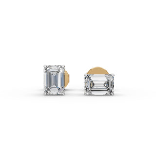 Emerald Lab Grown Diamond Four Prong Stud Earrings in yellow gold, view 2