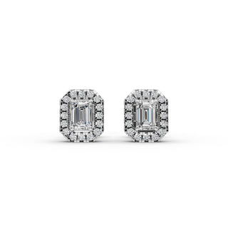 Emerald Lab Grown Diamond Halo Stud Earrings in silver, front view