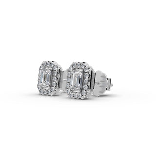 Emerald Lab Grown Diamond Halo Stud Earrings in silver, view 2