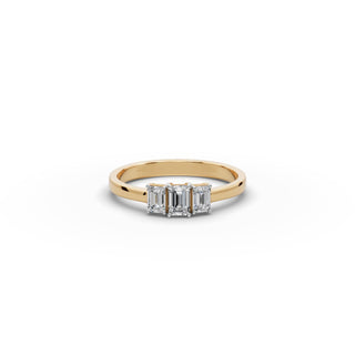 Emerald Lab Grown Diamond Three Stone Ring in yellow gold, front view