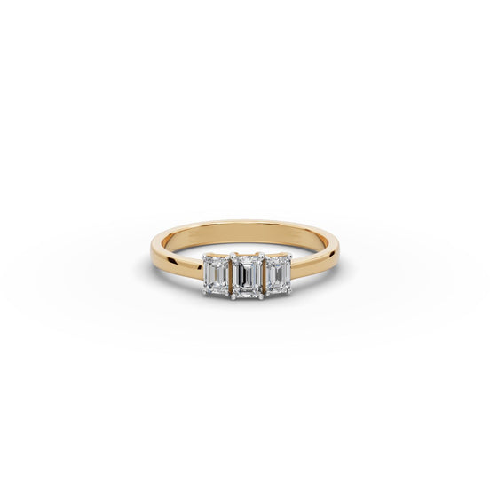 Emerald Lab Grown Diamond Three Stone Ring in yellow gold, front view