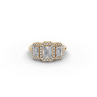 Emerald Lab Grown Diamond Three Stone Ring with Round Side Stones in yellow gold, front view