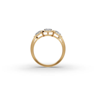 Emerald Lab Grown Diamond Three Stone Ring with Round Side Stones in yellow gold, view 2