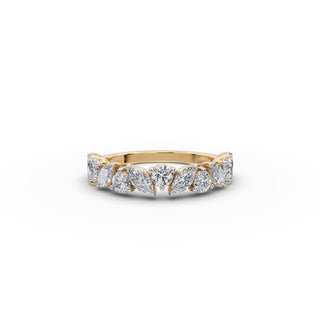 Marquise and Round Lab Grown Diamond Eleven Stone Band in yellow gold, front view
