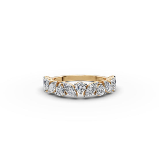 Marquise and Round Lab Grown Diamond Eleven Stone Band in yellow gold, front view