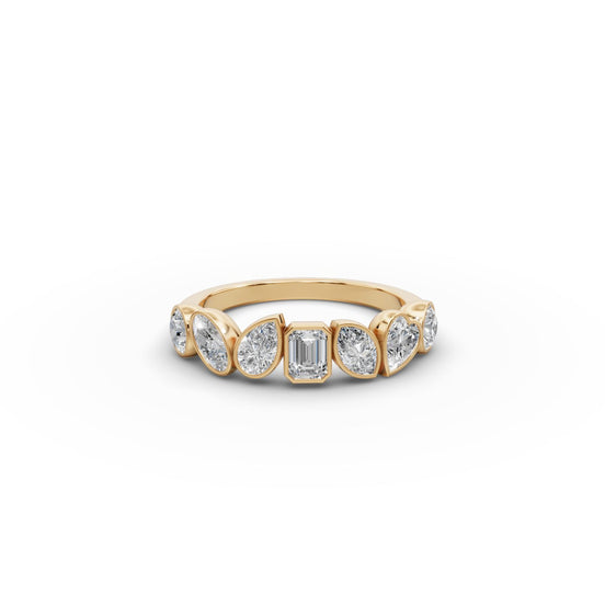 Mixed Shape Lab Grown Diamond Bezel Seven Stone Band in yellow gold, front view