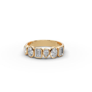 Mixed Shape Lab Grown Diamond Bezel Six Stone Band in yellow gold, front view