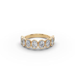 Oval Lab Grown Diamond Bezel Eight Stone Band in yellow gold, front view