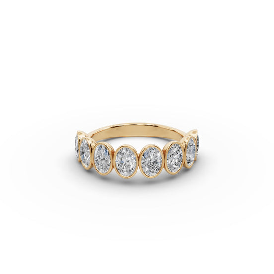 Oval Lab Grown Diamond Bezel Eight Stone Band in yellow gold, front view
