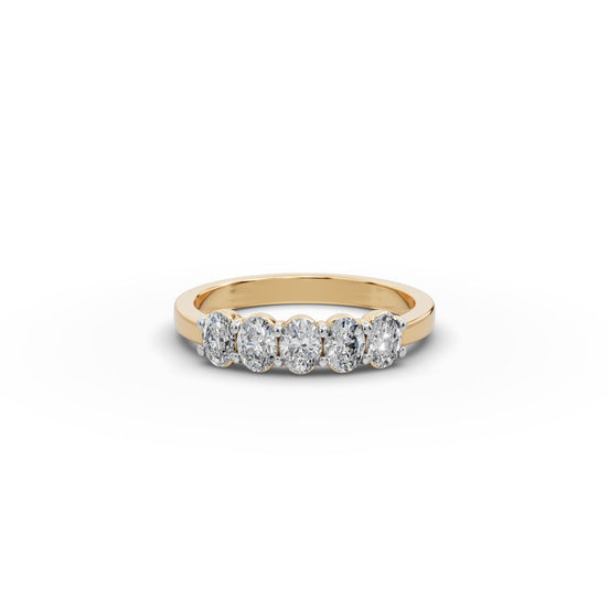 Oval Lab Grown Diamond Five Stone Band in yellow gold, front view