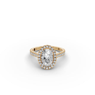 Oval Lab Grown Diamond Pavé Halo Engagement Ring in yellow gold, front view