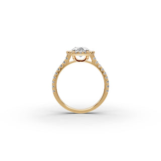 Oval Lab Grown Diamond Pavé Halo Engagement Ring in yellow gold, view 2