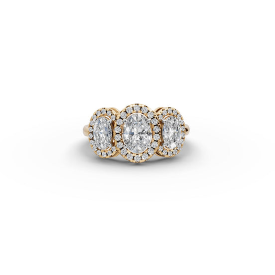 Oval Lab Grown Diamond Three Stone Ring with Round Side Stones in yellow gold, front view