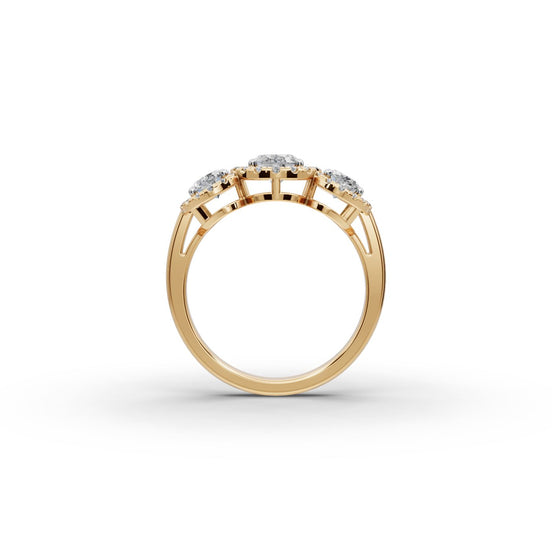 Oval Lab Grown Diamond Three Stone Ring with Round Side Stones in yellow gold, view 2