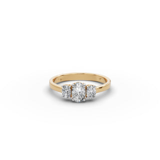 Oval Lab Grown Diamond Three Stone Ring in yellow gold, front view