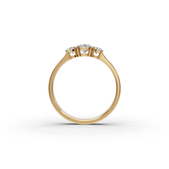 Oval Lab Grown Diamond Three Stone Ring in yellow gold, view 2