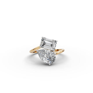Pear and Emerald Lab Grown Diamond Basket Set Toi et Moi Ring in yellow gold, view 2