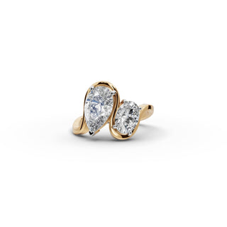 Pear and Oval Lab Grown Diamond Toi et Moi Ring in yellow gold, front view